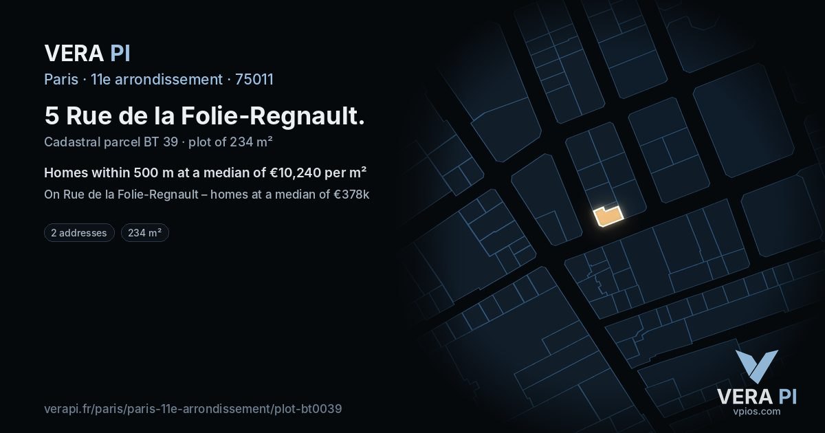 5 Rue de la Folie-Regnault, 11e arrondissement at night – the plot lit, the parcels around coloured by the prices near them