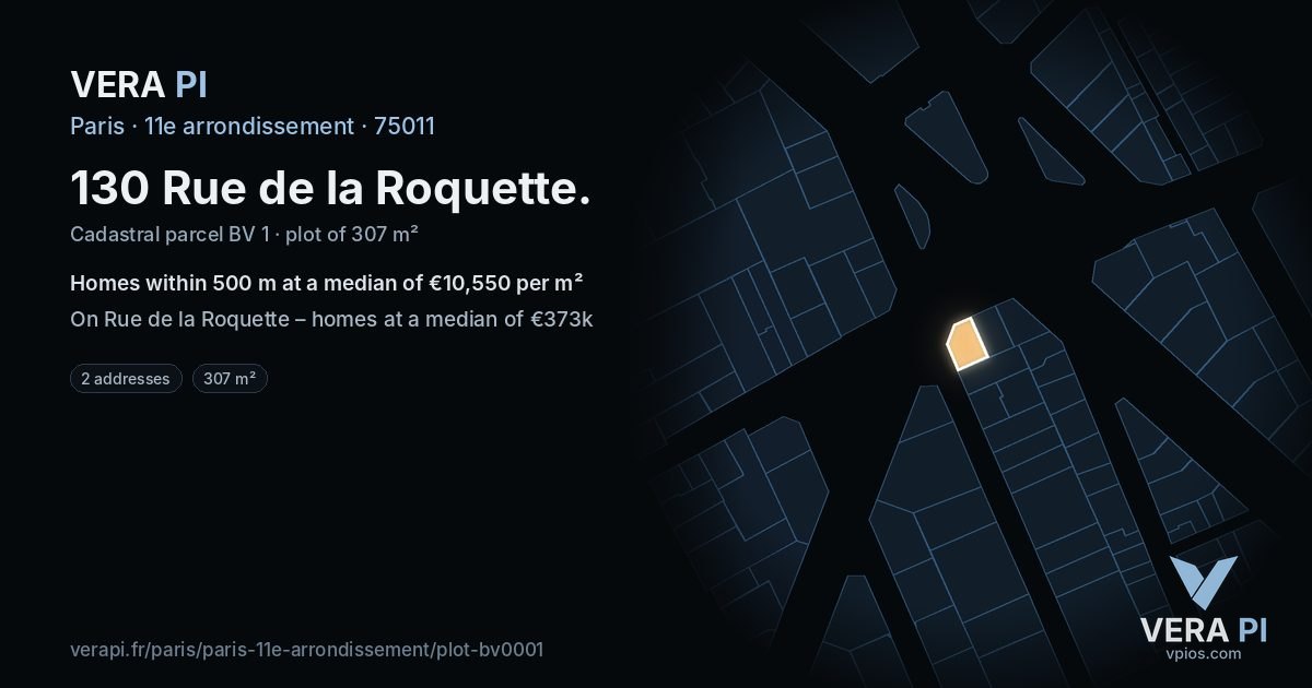 130 Rue de la Roquette, 11e arrondissement at night – the plot lit, the parcels around coloured by the prices near them