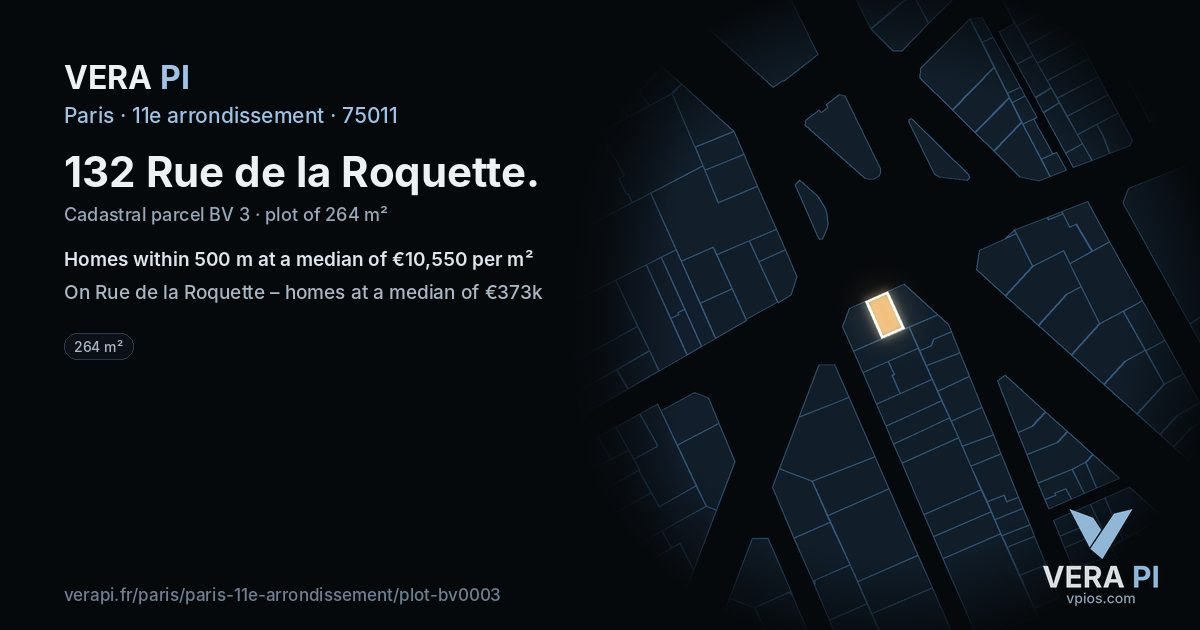 132 Rue de la Roquette, 11e arrondissement at night – the plot lit, the parcels around coloured by the prices near them