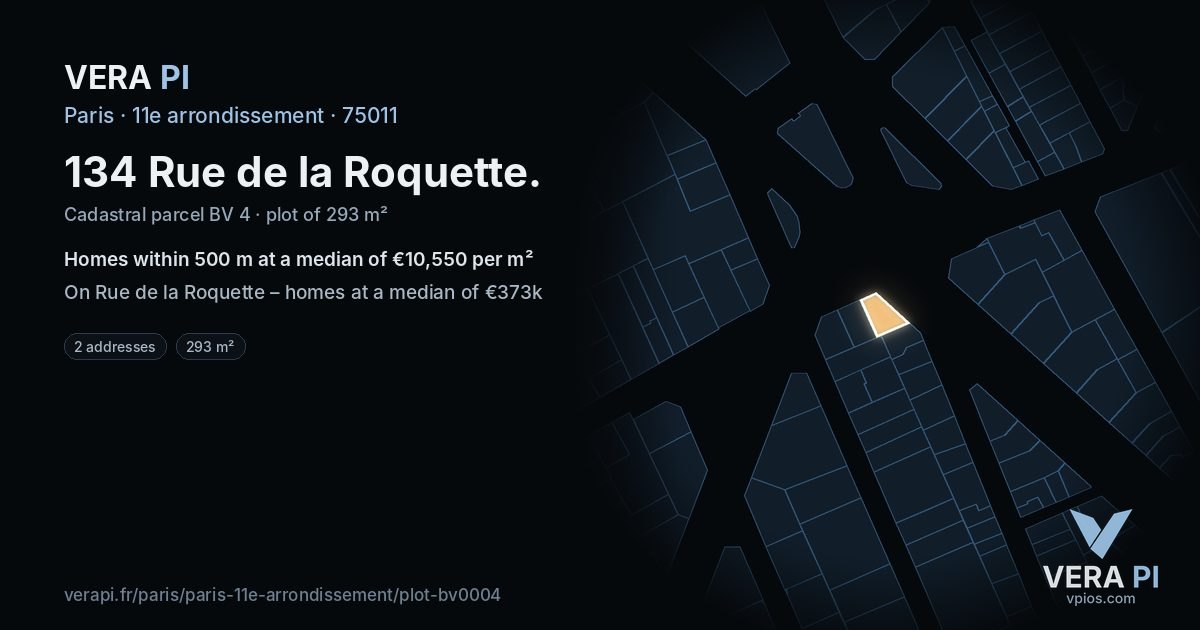134 Rue de la Roquette, 11e arrondissement at night – the plot lit, the parcels around coloured by the prices near them