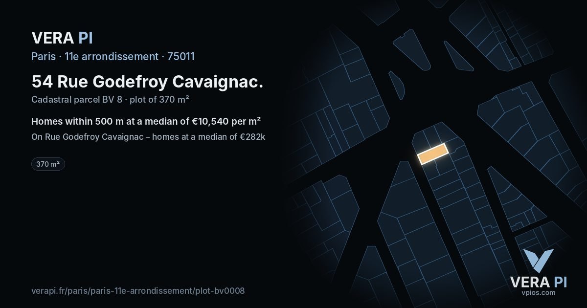 54 Rue Godefroy Cavaignac, 11e arrondissement at night – the plot lit, the parcels around coloured by the prices near them