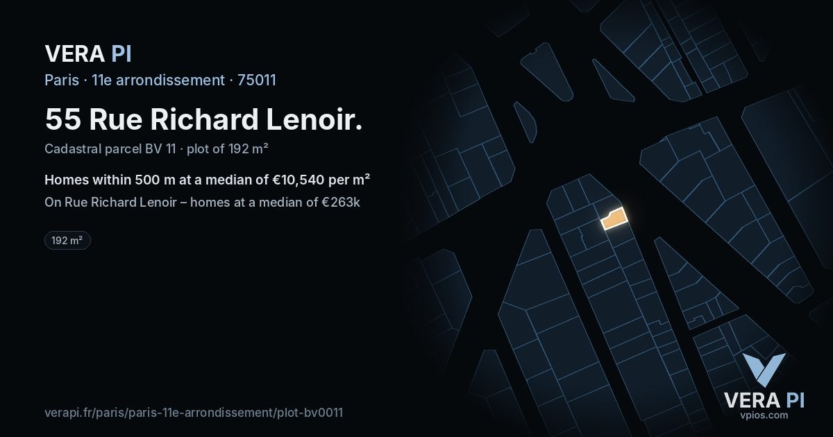 55 Rue Richard Lenoir, 11e arrondissement at night – the plot lit, the parcels around coloured by the prices near them