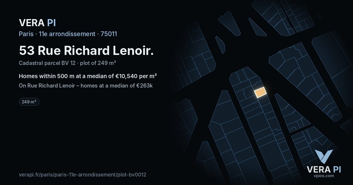 53 Rue Richard Lenoir, 11e arrondissement at night – the plot lit, the parcels around coloured by the prices near them