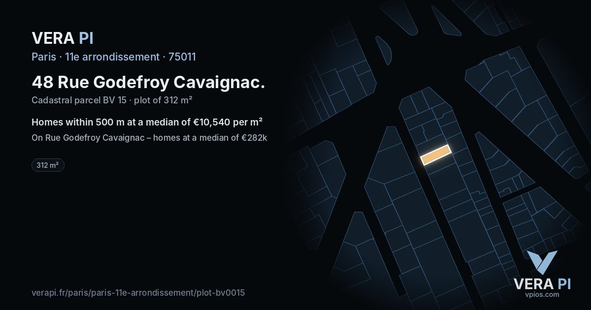 48 Rue Godefroy Cavaignac, 11e arrondissement at night – the plot lit, the parcels around coloured by the prices near them