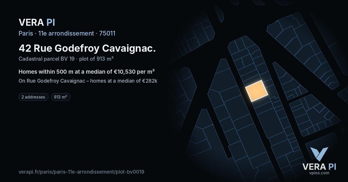 42 Rue Godefroy Cavaignac, 11e arrondissement at night – the plot lit, the parcels around coloured by the prices near them
