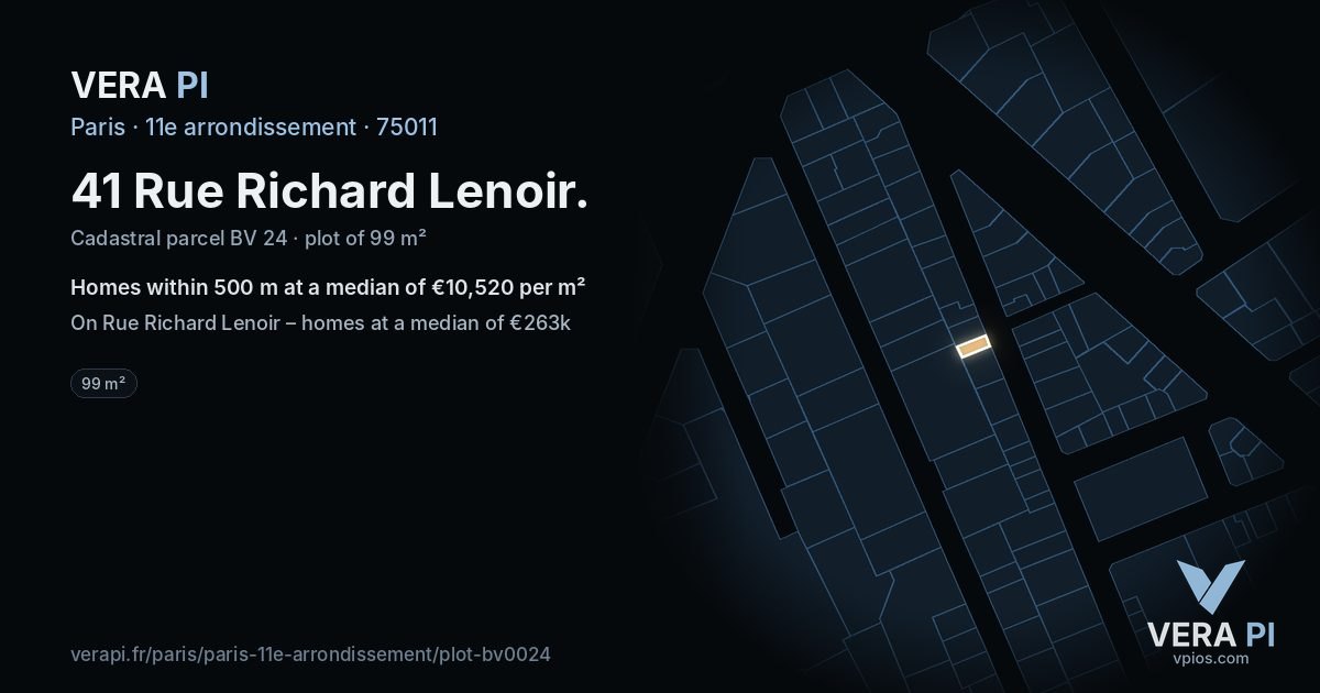 41 Rue Richard Lenoir, 11e arrondissement at night – the plot lit, the parcels around coloured by the prices near them