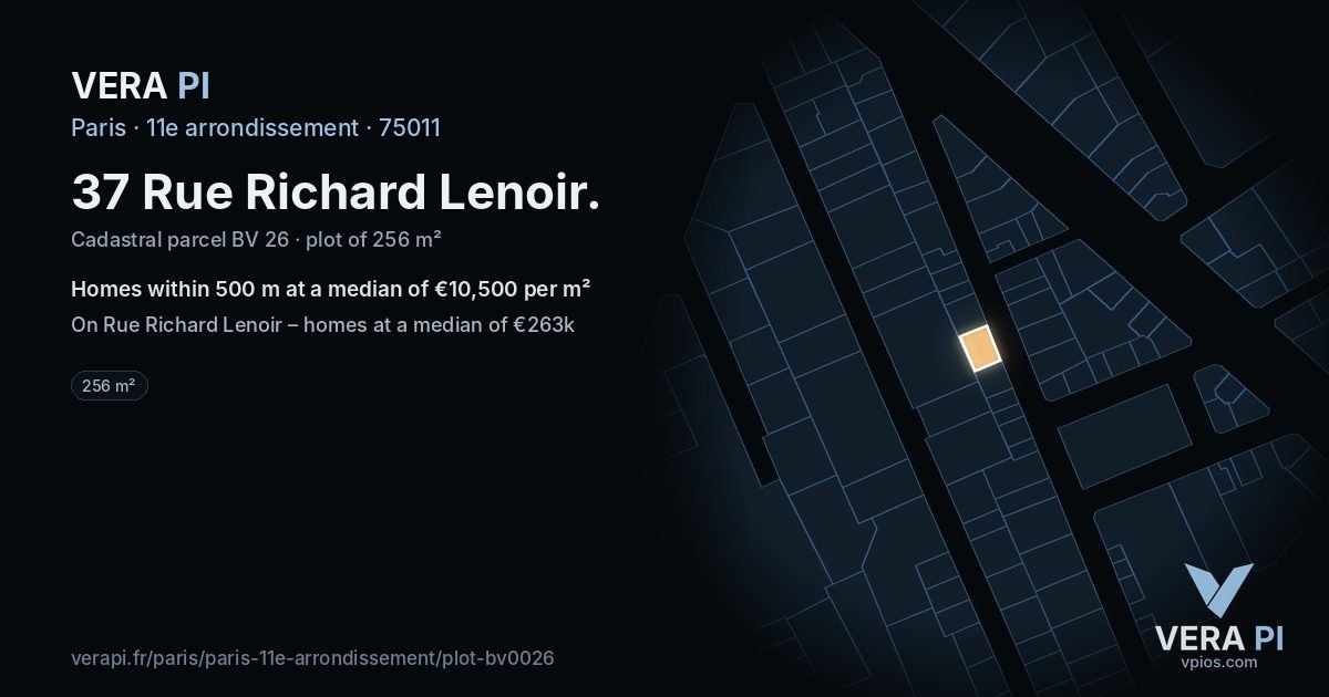 37 Rue Richard Lenoir, 11e arrondissement at night – the plot lit, the parcels around coloured by the prices near them