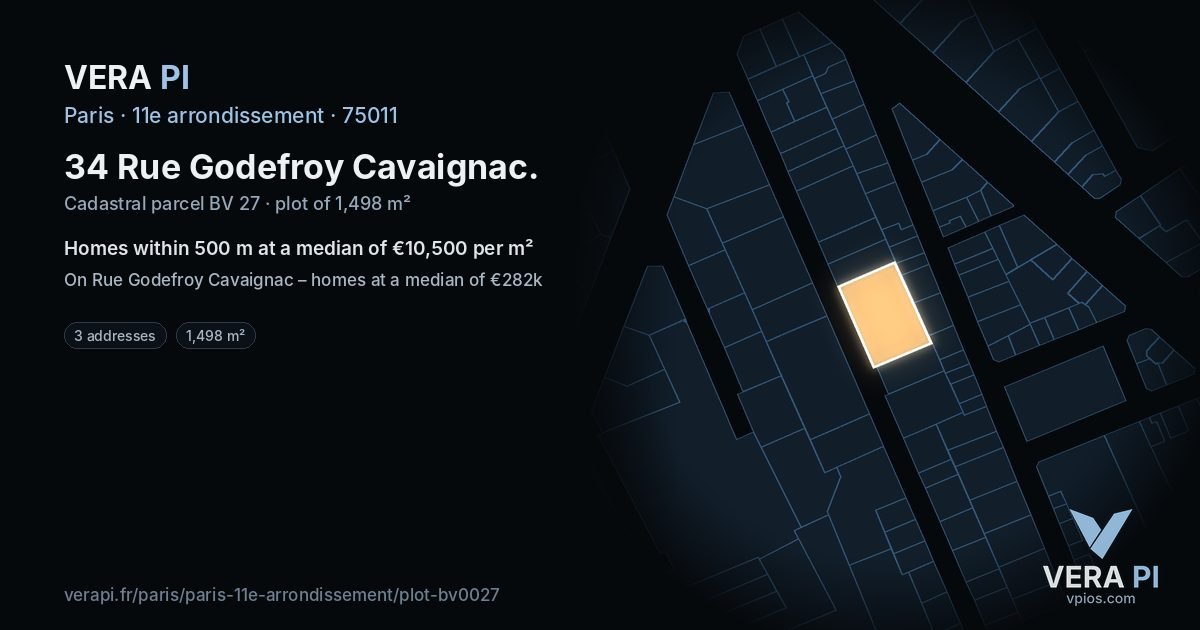 34 Rue Godefroy Cavaignac, 11e arrondissement at night – the plot lit, the parcels around coloured by the prices near them