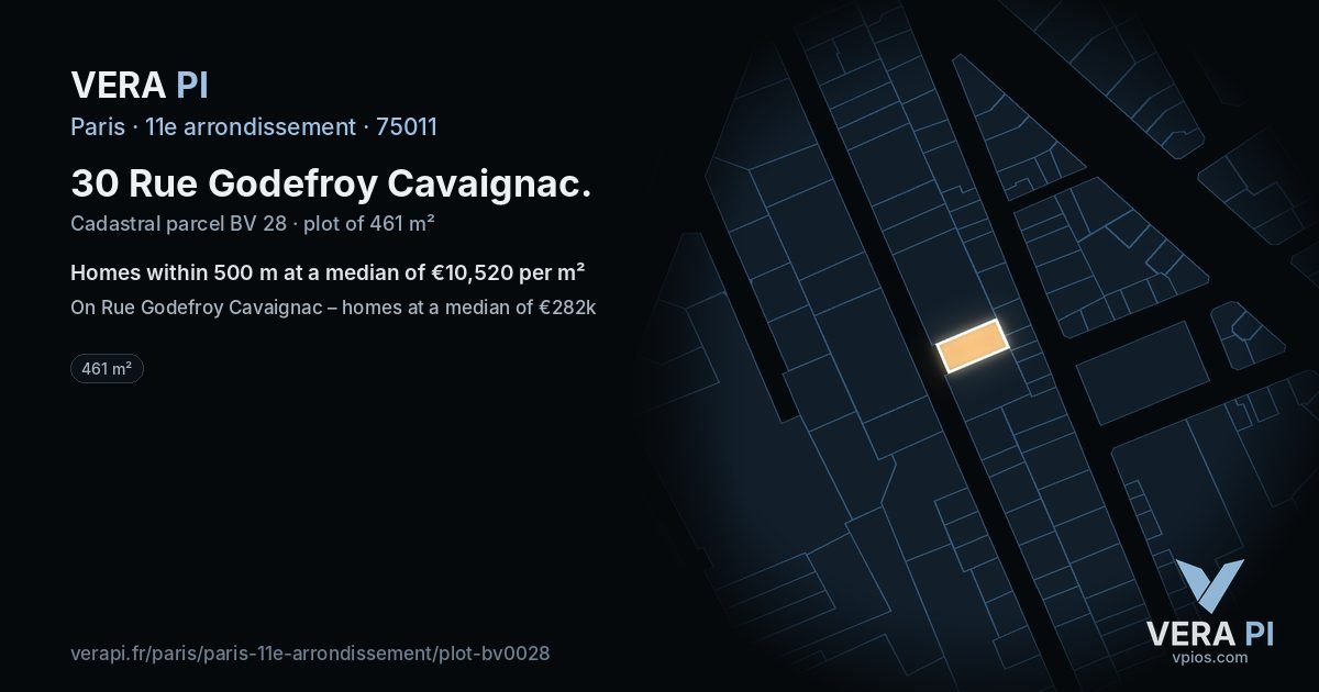 30 Rue Godefroy Cavaignac, 11e arrondissement at night – the plot lit, the parcels around coloured by the prices near them
