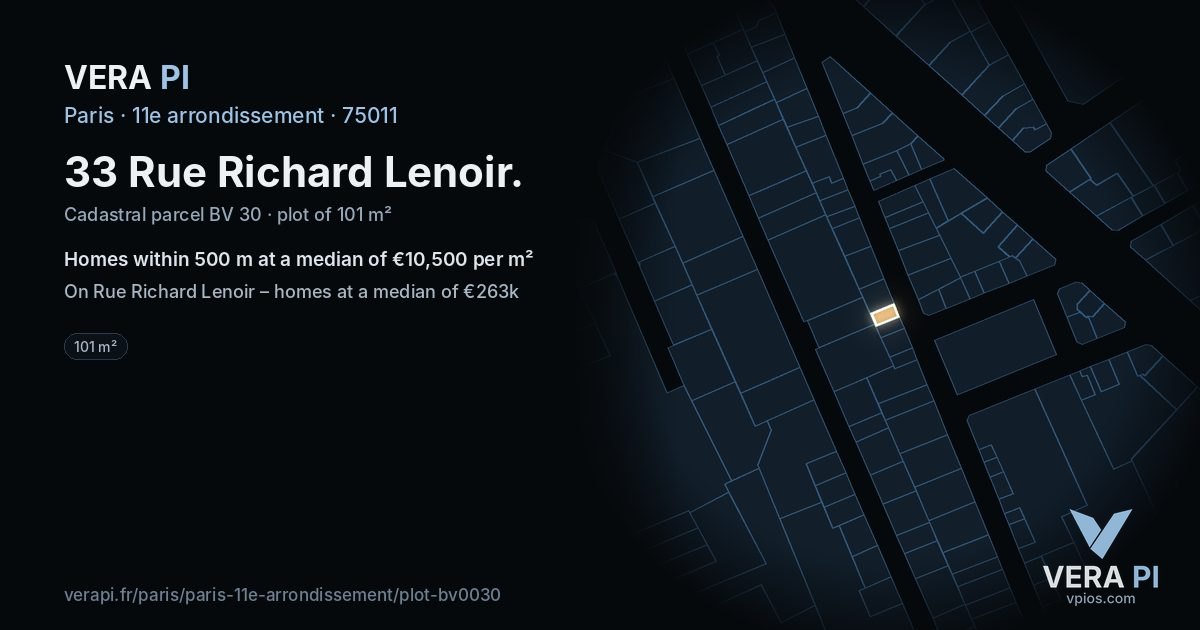 33 Rue Richard Lenoir, 11e arrondissement at night – the plot lit, the parcels around coloured by the prices near them