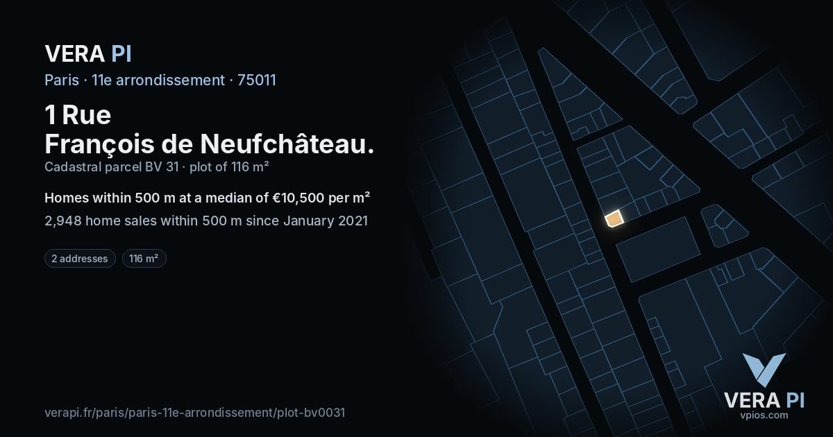 1 Rue François de Neufchâteau, 11e arrondissement at night – the plot lit, the parcels around coloured by the prices near them