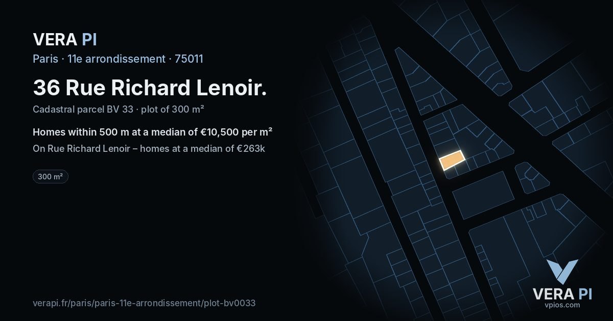 36 Rue Richard Lenoir, 11e arrondissement at night – the plot lit, the parcels around coloured by the prices near them