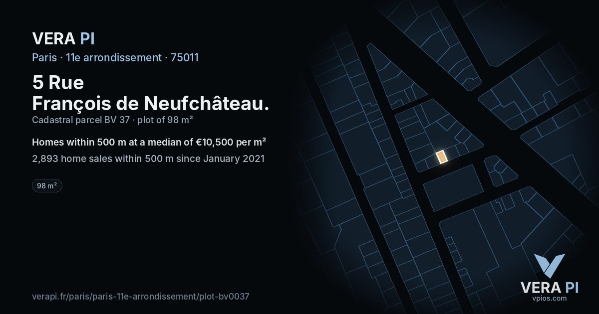 5 Rue François de Neufchâteau, 11e arrondissement at night – the plot lit, the parcels around coloured by the prices near them