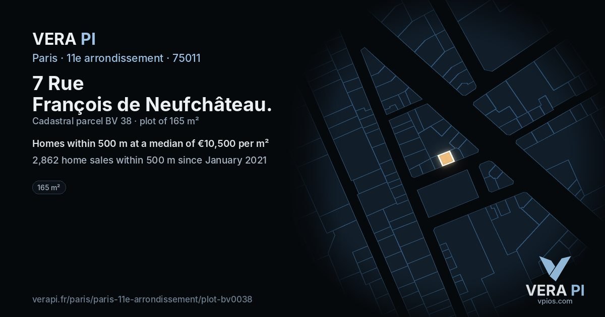 7 Rue François de Neufchâteau, 11e arrondissement at night – the plot lit, the parcels around coloured by the prices near them