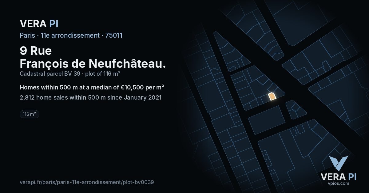 9 Rue François de Neufchâteau, 11e arrondissement at night – the plot lit, the parcels around coloured by the prices near them
