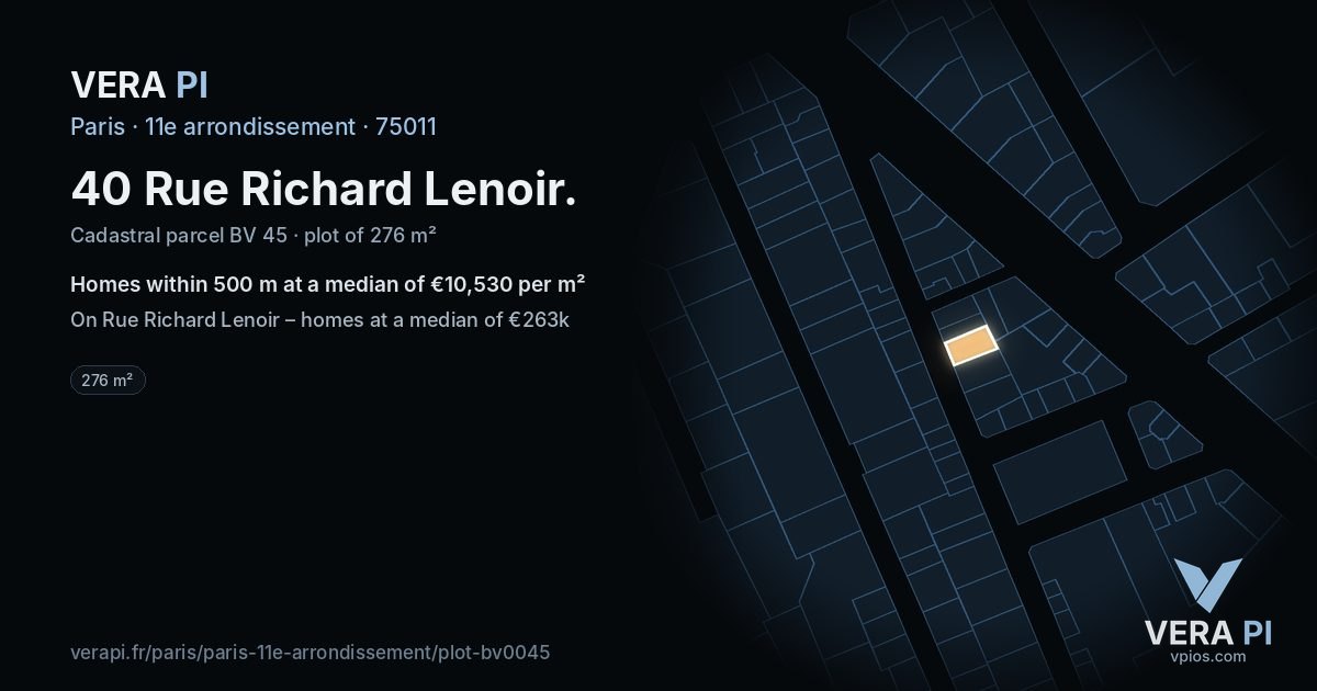 40 Rue Richard Lenoir, 11e arrondissement at night – the plot lit, the parcels around coloured by the prices near them