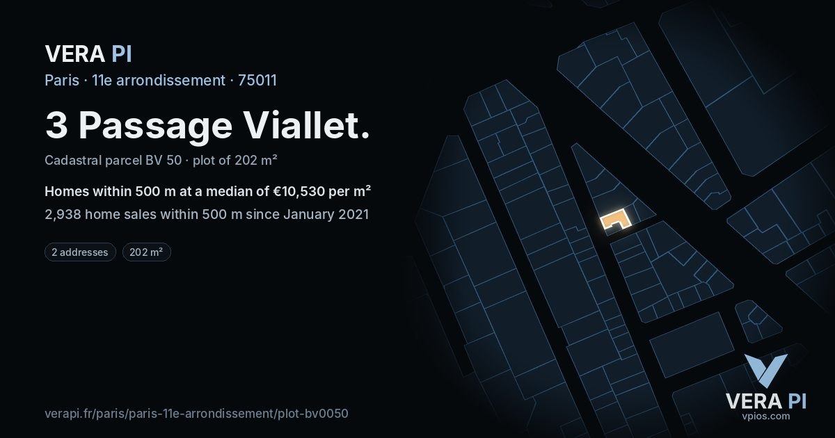 3 Passage Viallet, 11e arrondissement at night – the plot lit, the parcels around coloured by the prices near them