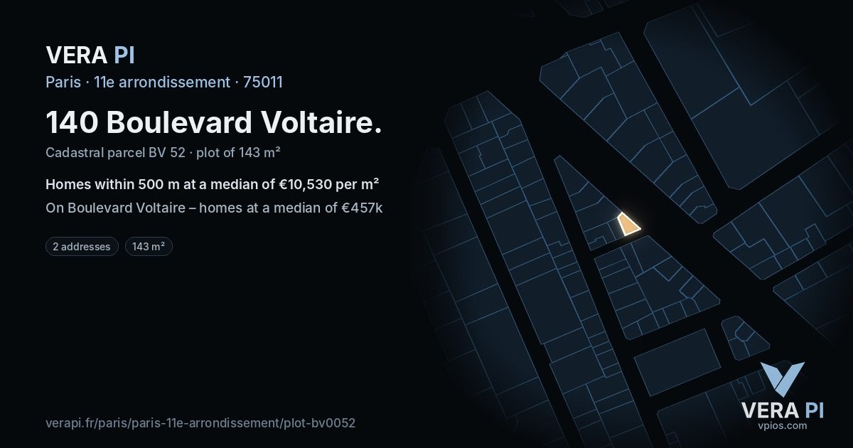 140 Boulevard Voltaire, 11e arrondissement at night – the plot lit, the parcels around coloured by the prices near them