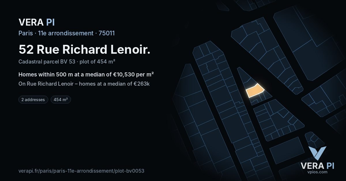 52 Rue Richard Lenoir, 11e arrondissement at night – the plot lit, the parcels around coloured by the prices near them