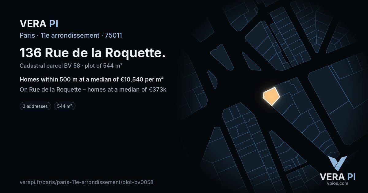 136 Rue de la Roquette, 11e arrondissement at night – the plot lit, the parcels around coloured by the prices near them