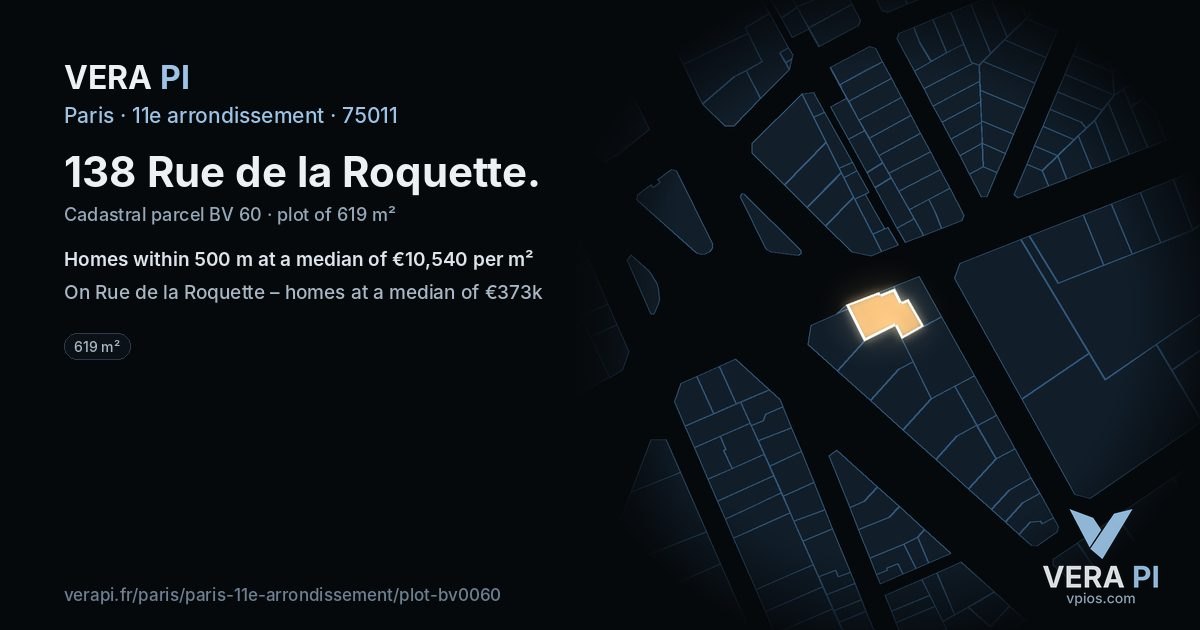 138 Rue de la Roquette, 11e arrondissement at night – the plot lit, the parcels around coloured by the prices near them