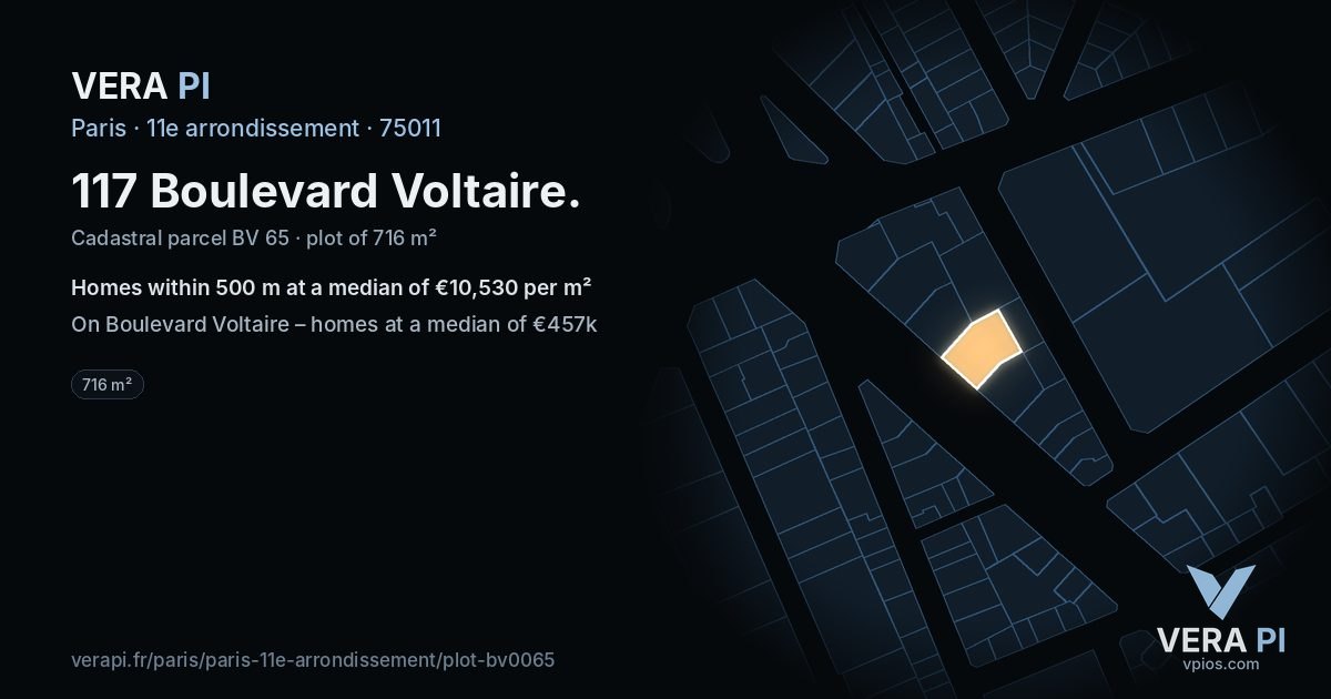 117 Boulevard Voltaire, 11e arrondissement at night – the plot lit, the parcels around coloured by the prices near them