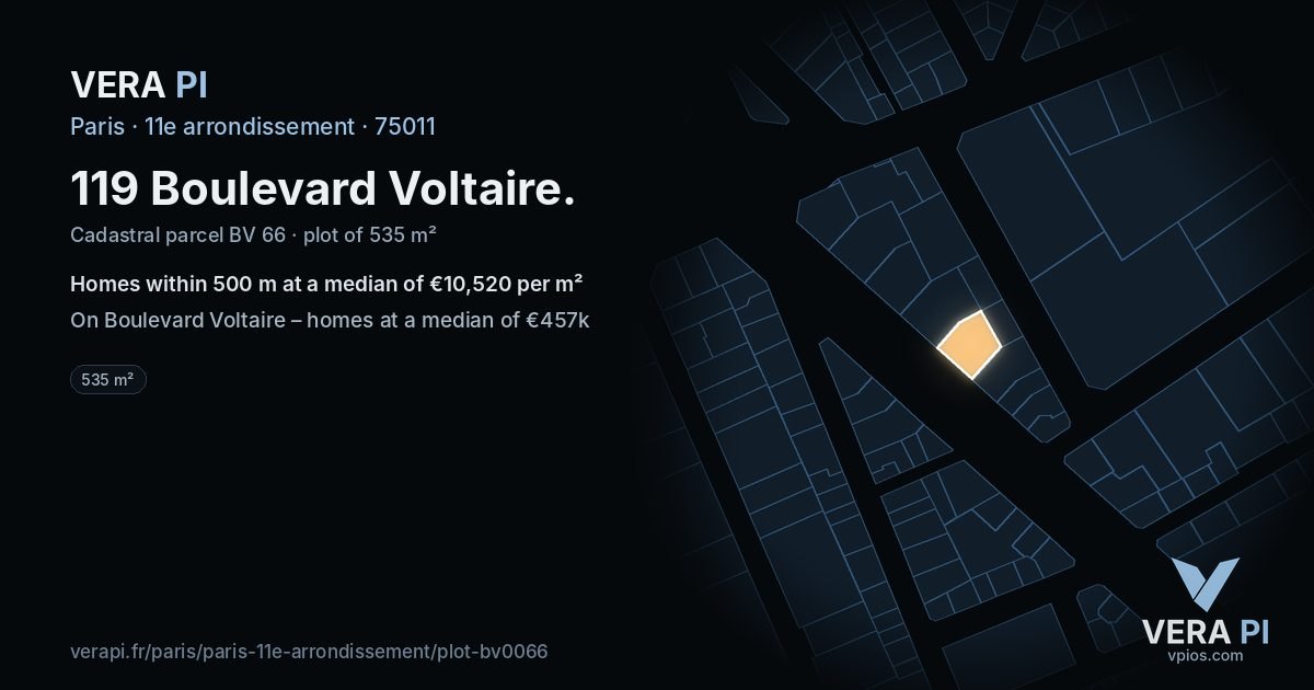 119 Boulevard Voltaire, 11e arrondissement at night – the plot lit, the parcels around coloured by the prices near them