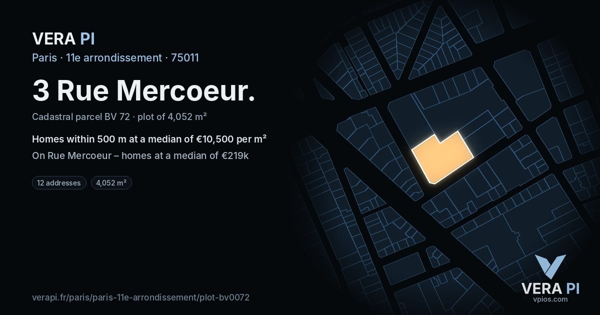 3 Rue Mercoeur, 11e arrondissement at night – the plot lit, the parcels around coloured by the prices near them
