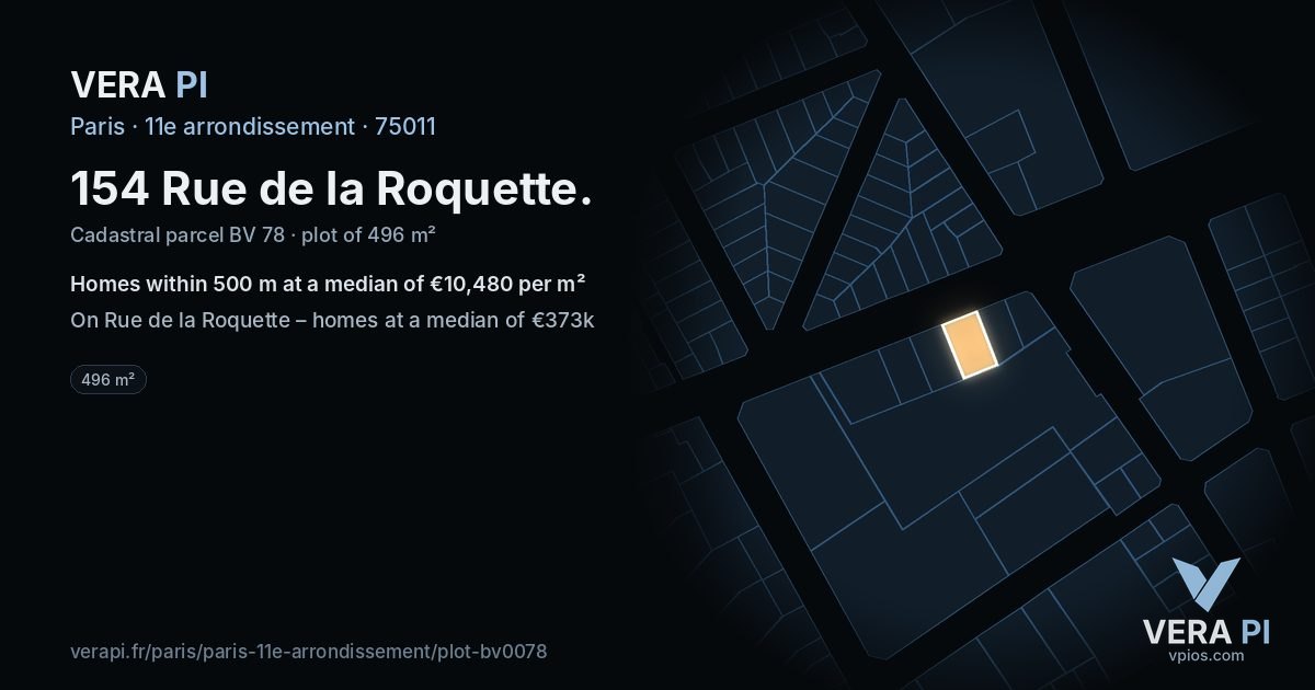 154 Rue de la Roquette, 11e arrondissement at night – the plot lit, the parcels around coloured by the prices near them
