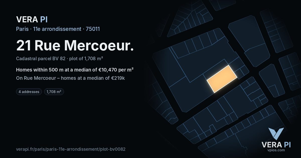 21 Rue Mercoeur, 11e arrondissement at night – the plot lit, the parcels around coloured by the prices near them
