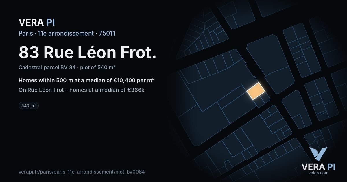 83 Rue Léon Frot, 11e arrondissement at night – the plot lit, the parcels around coloured by the prices near them