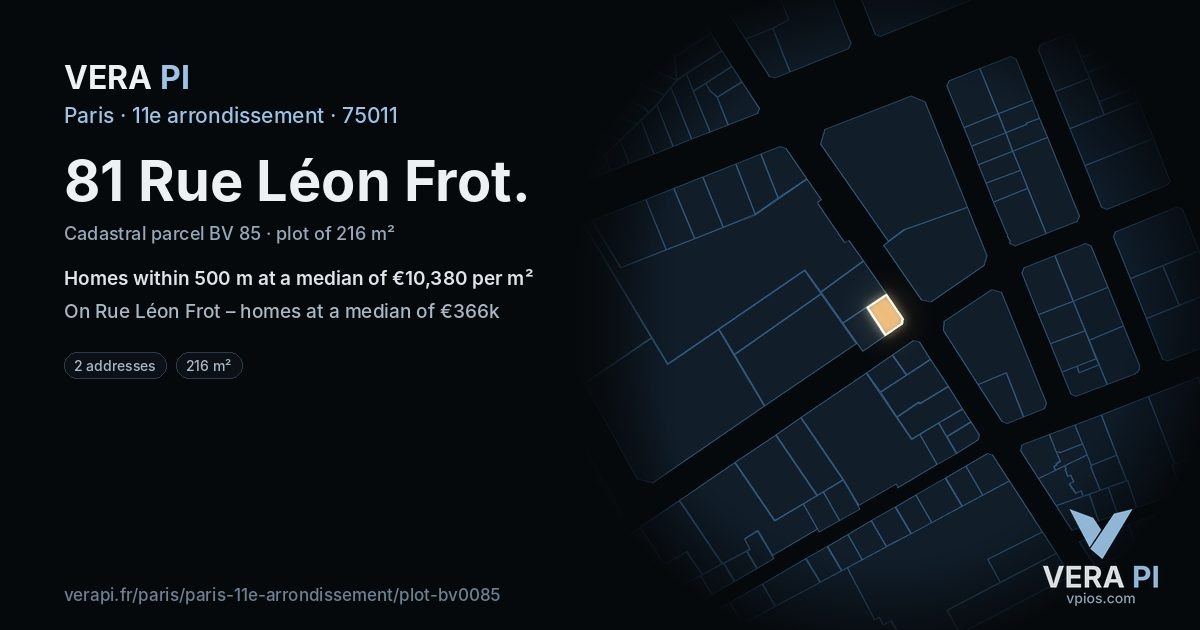 81 Rue Léon Frot, 11e arrondissement at night – the plot lit, the parcels around coloured by the prices near them