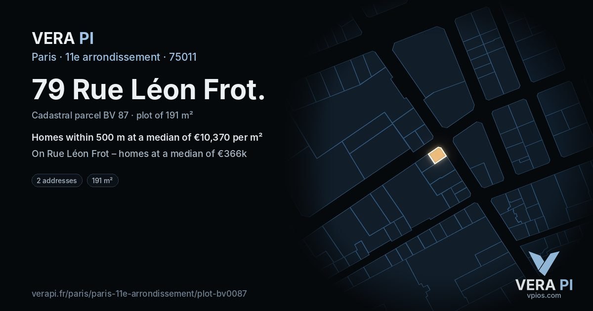 79 Rue Léon Frot, 11e arrondissement at night – the plot lit, the parcels around coloured by the prices near them