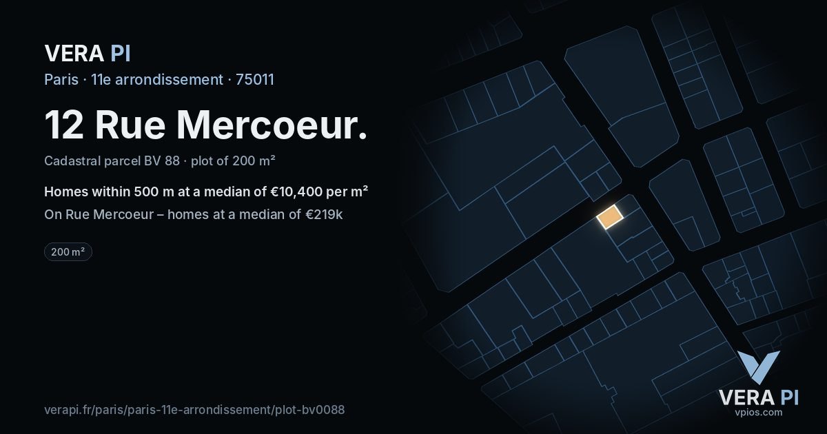 12 Rue Mercoeur, 11e arrondissement at night – the plot lit, the parcels around coloured by the prices near them