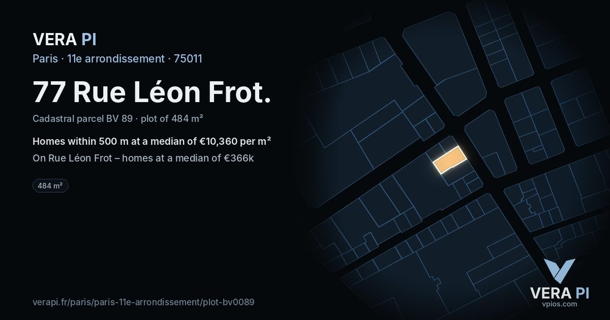 77 Rue Léon Frot, 11e arrondissement at night – the plot lit, the parcels around coloured by the prices near them