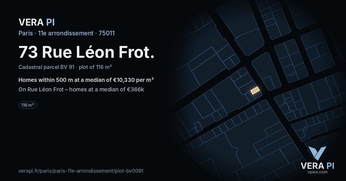 73 Rue Léon Frot, 11e arrondissement at night – the plot lit, the parcels around coloured by the prices near them