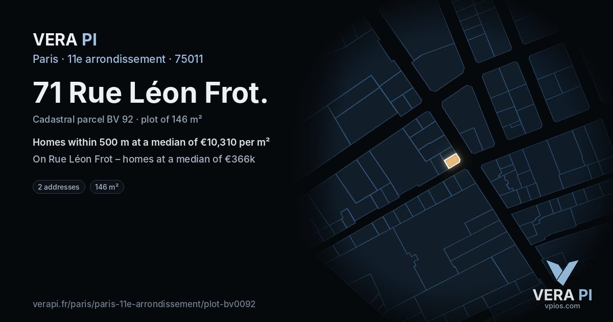 71 Rue Léon Frot, 11e arrondissement at night – the plot lit, the parcels around coloured by the prices near them