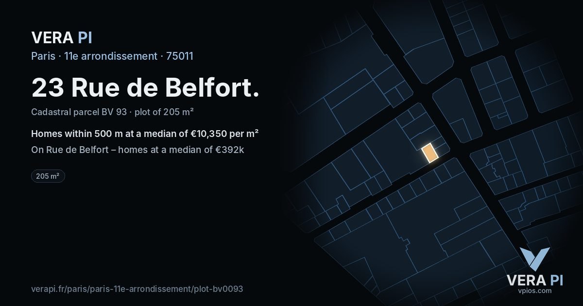 23 Rue de Belfort, 11e arrondissement at night – the plot lit, the parcels around coloured by the prices near them