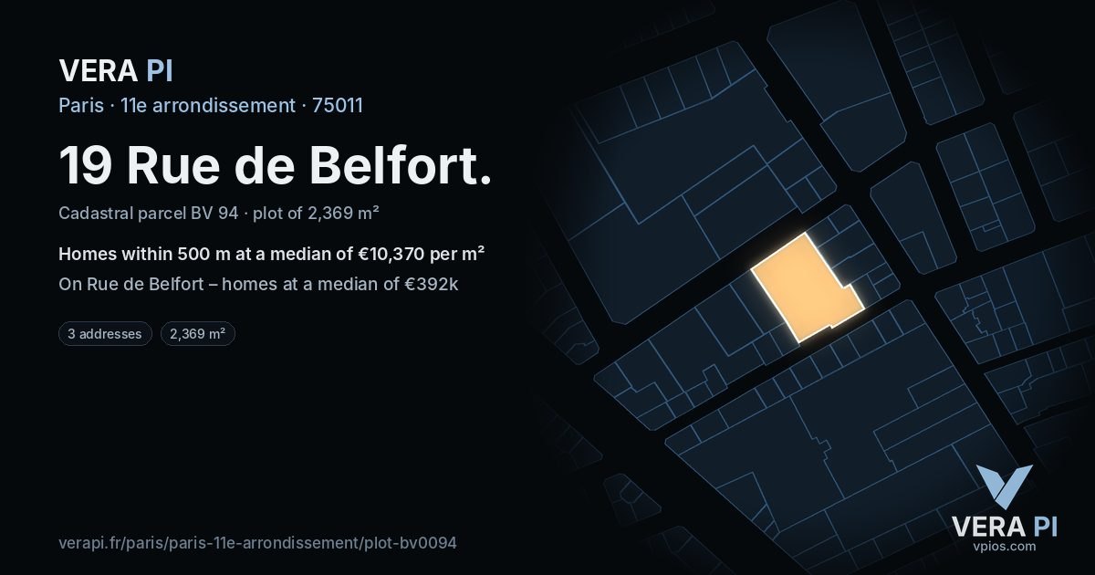 19 Rue de Belfort, 11e arrondissement at night – the plot lit, the parcels around coloured by the prices near them