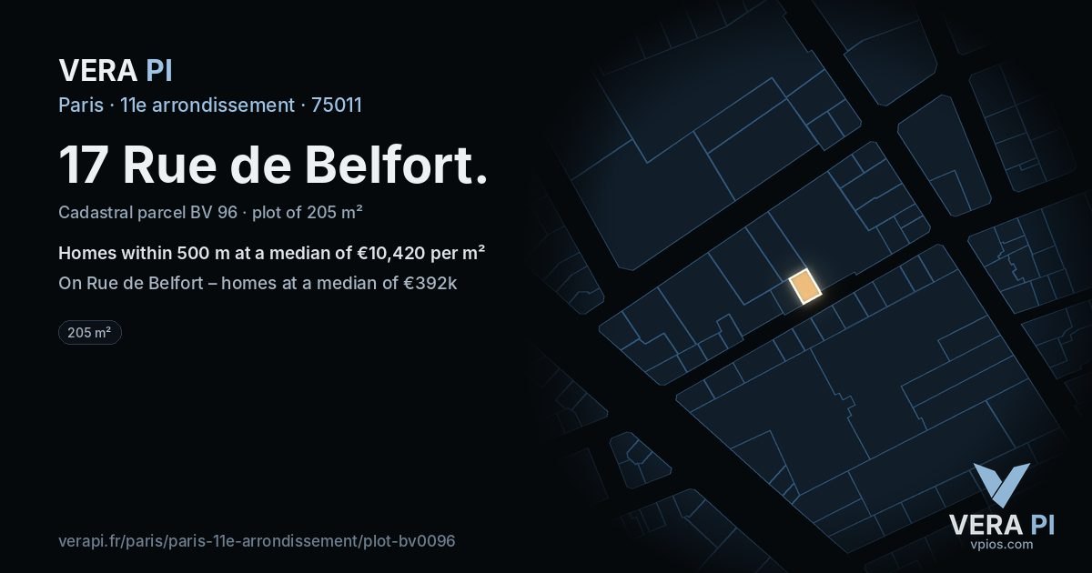 17 Rue de Belfort, 11e arrondissement at night – the plot lit, the parcels around coloured by the prices near them