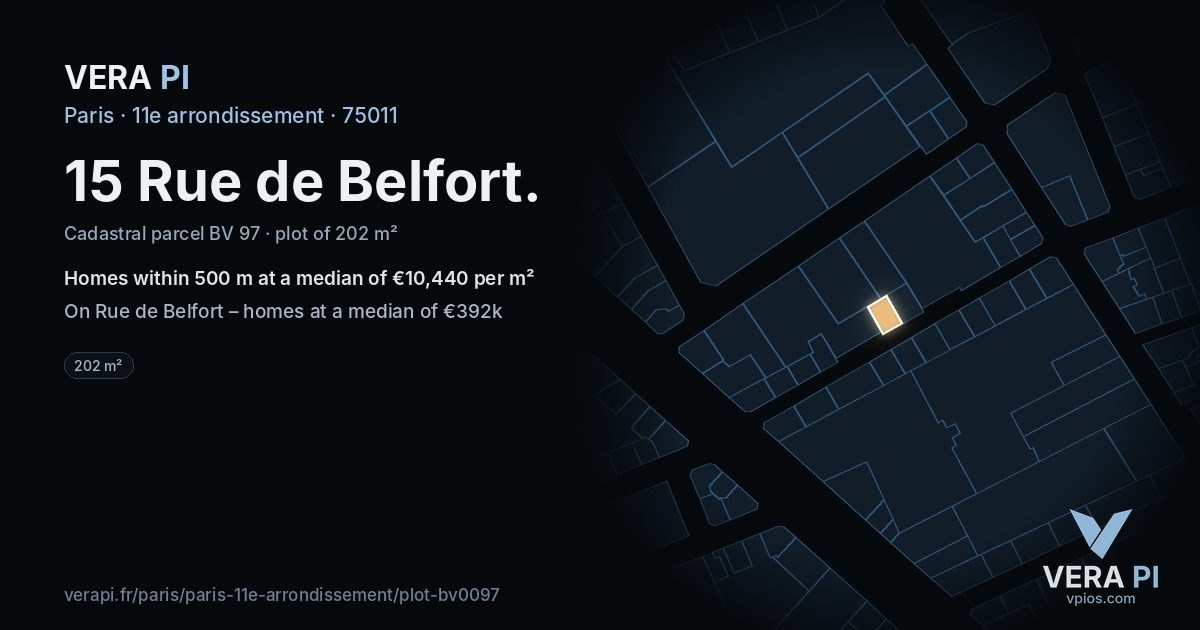 15 Rue de Belfort, 11e arrondissement at night – the plot lit, the parcels around coloured by the prices near them