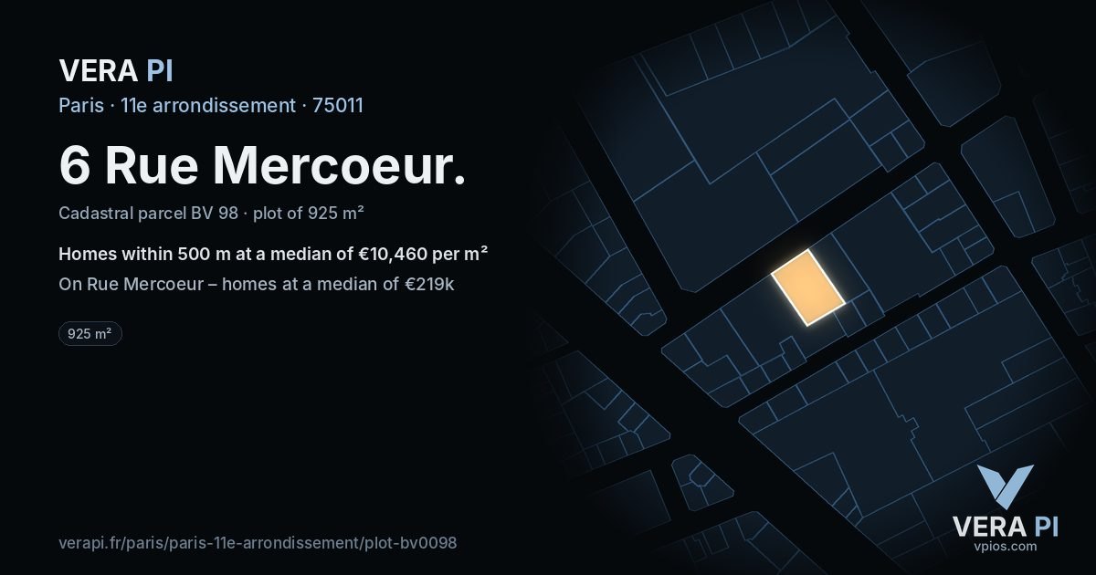 6 Rue Mercoeur, 11e arrondissement at night – the plot lit, the parcels around coloured by the prices near them