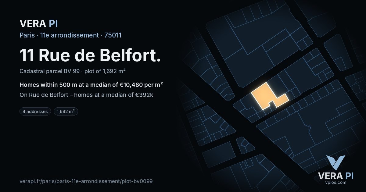 11 Rue de Belfort, 11e arrondissement at night – the plot lit, the parcels around coloured by the prices near them