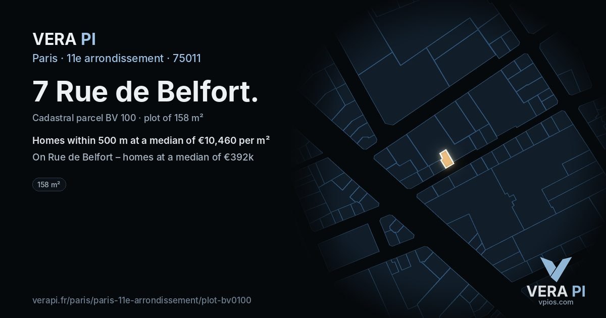 7 Rue de Belfort, 11e arrondissement at night – the plot lit, the parcels around coloured by the prices near them