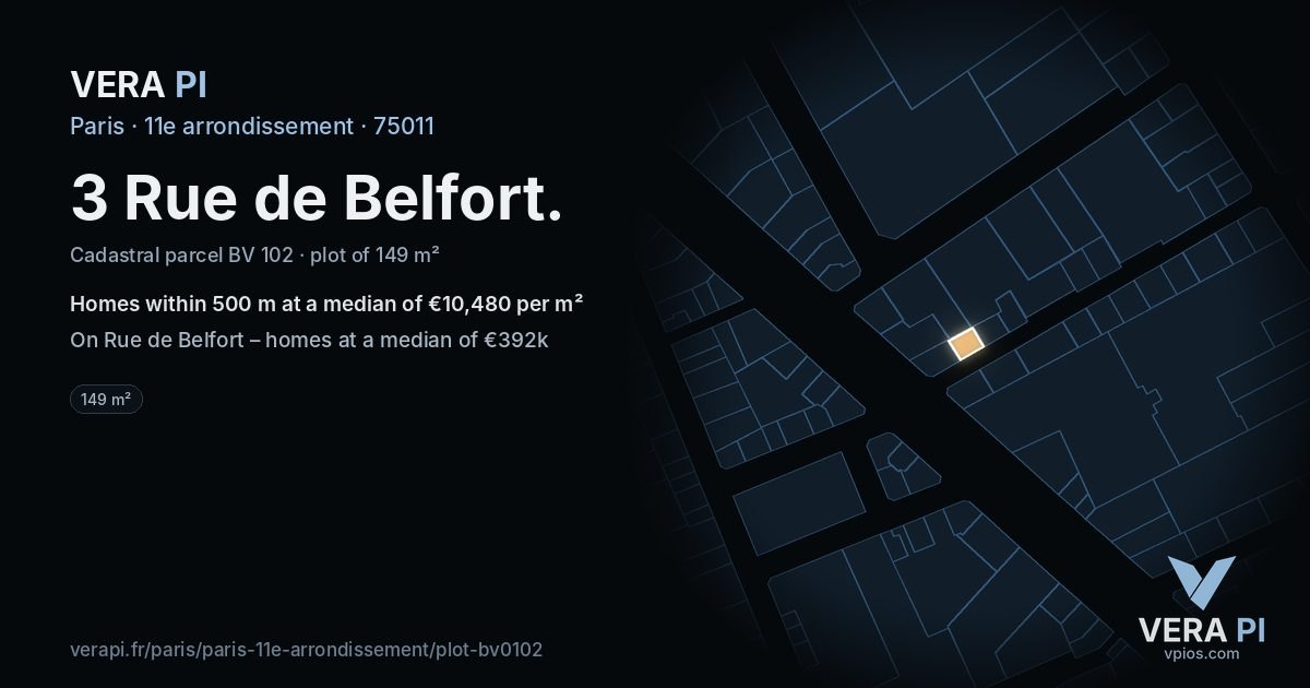 3 Rue de Belfort, 11e arrondissement at night – the plot lit, the parcels around coloured by the prices near them