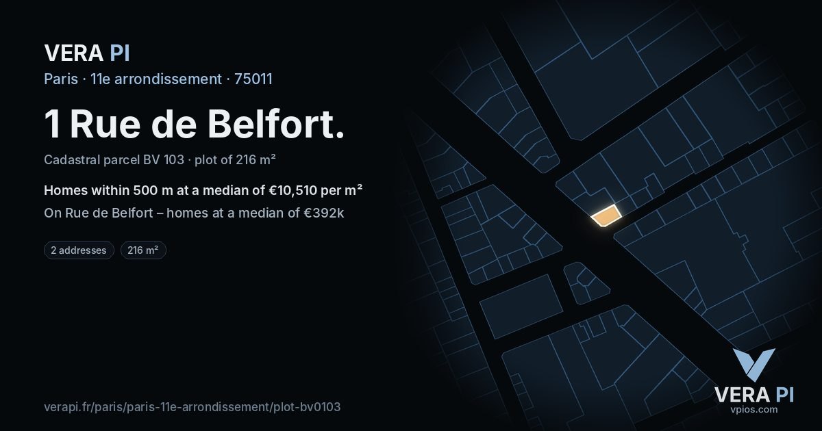 1 Rue de Belfort, 11e arrondissement at night – the plot lit, the parcels around coloured by the prices near them