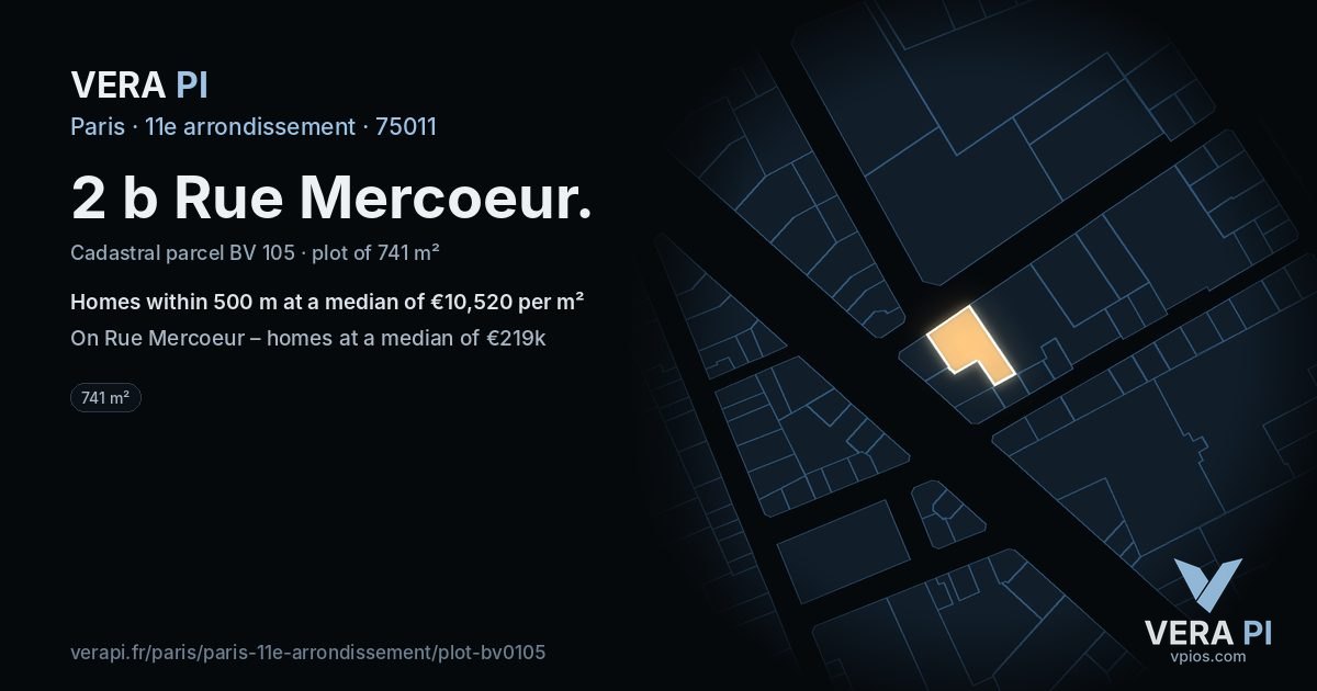 2 b Rue Mercoeur, 11e arrondissement at night – the plot lit, the parcels around coloured by the prices near them