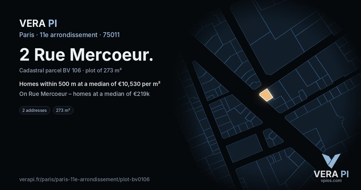 2 Rue Mercoeur, 11e arrondissement at night – the plot lit, the parcels around coloured by the prices near them