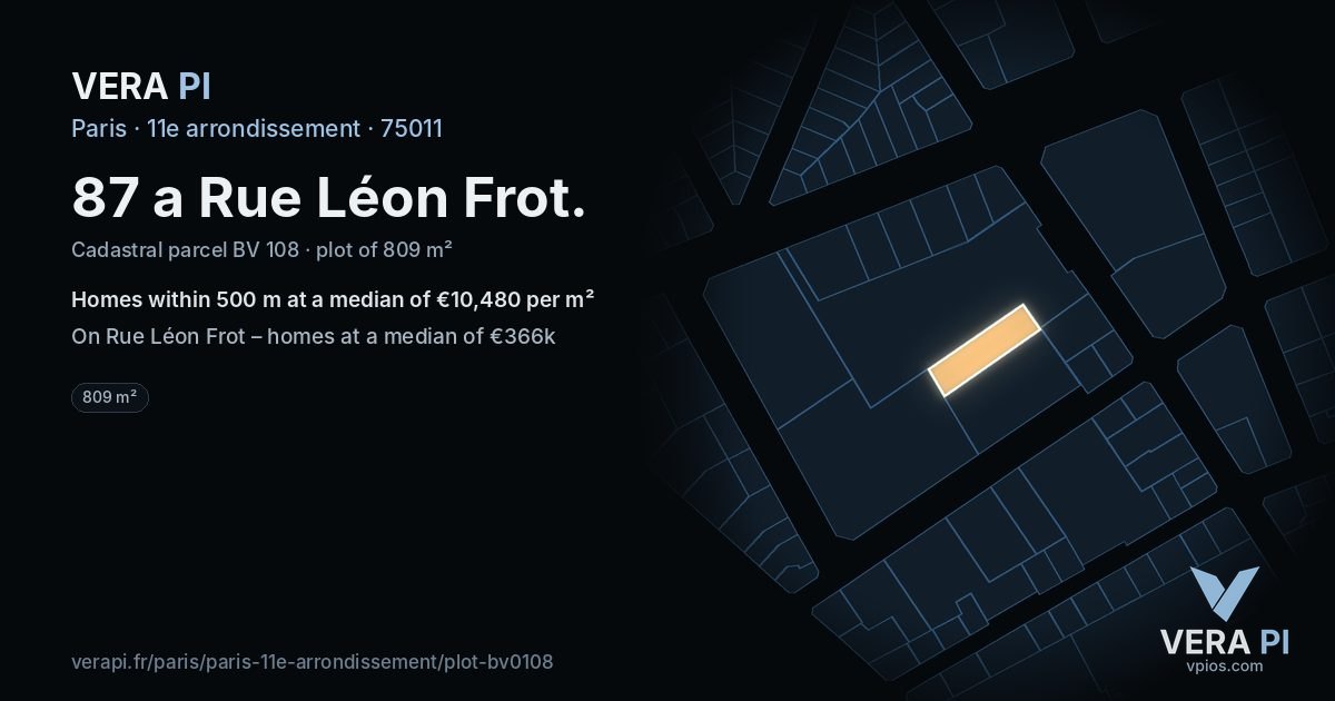 87 a Rue Léon Frot, 11e arrondissement at night – the plot lit, the parcels around coloured by the prices near them