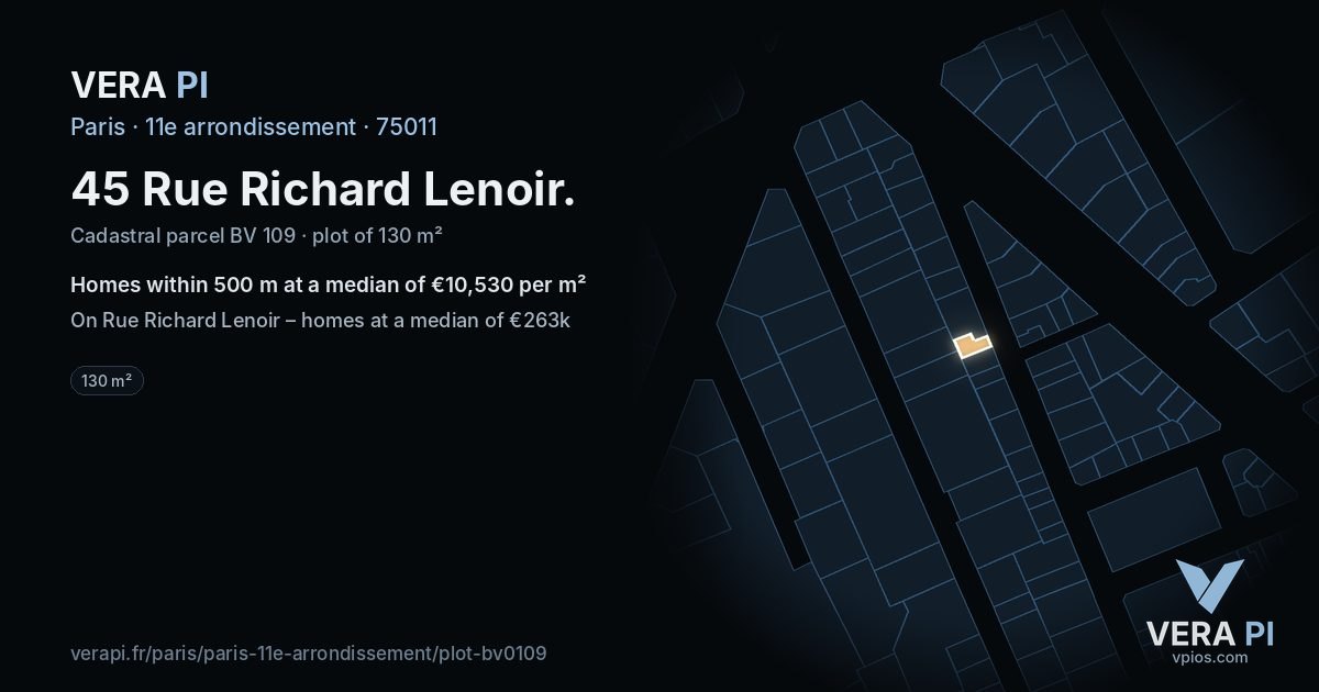 45 Rue Richard Lenoir, 11e arrondissement at night – the plot lit, the parcels around coloured by the prices near them